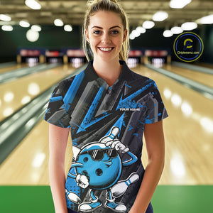 Black And Blue Funny Custom Bowling Jerseys, Cool Bowling Polo Shirts For Women IPHW9362