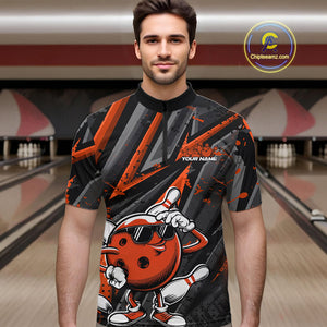 Black And Orange Funny Custom Bowling Jerseys, Cool Bowling Quarter-Zip Shirts For Men IPHW9363