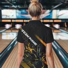 Load image into Gallery viewer, Custom Black And Gold Flame Bowling Shirts For Women, Bowling Team Bowling League Shirts IPHW7505