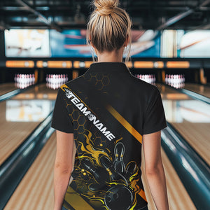 Custom Black And Gold Flame Bowling Shirts For Women, Bowling Team Bowling League Shirts IPHW7505