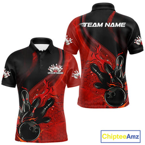 Custom Black And Red Flame Bowling Polo Shirt For Men, Bowling Team League Shirt IPHW9872