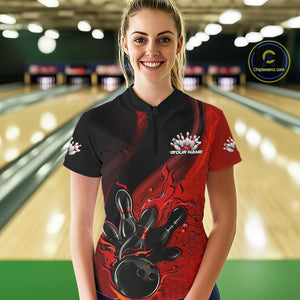 Custom Black And Red Flame Bowling Quarter-Zip Shirt For Women, Bowling Team League Shirt IPHW9872