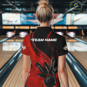 Custom Black And Red Flame Bowling Quarter-Zip Shirt For Women, Bowling Team League Shirt IPHW9872