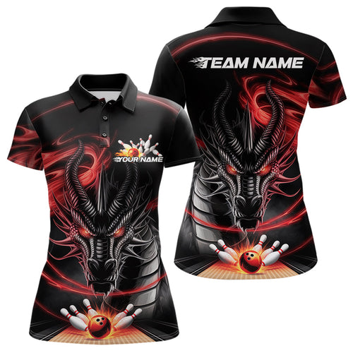 Custom Black And Red Flame Dragon Bowling Team Women Polo Shirts, Bowling League Shirt IPHW8911