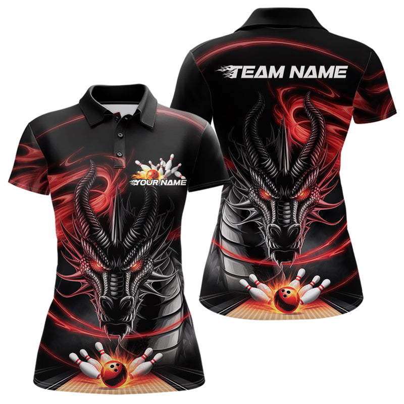 Custom Black And Red Flame Dragon Bowling Team Women Polo Shirts, Bowling League Shirt IPHW8911