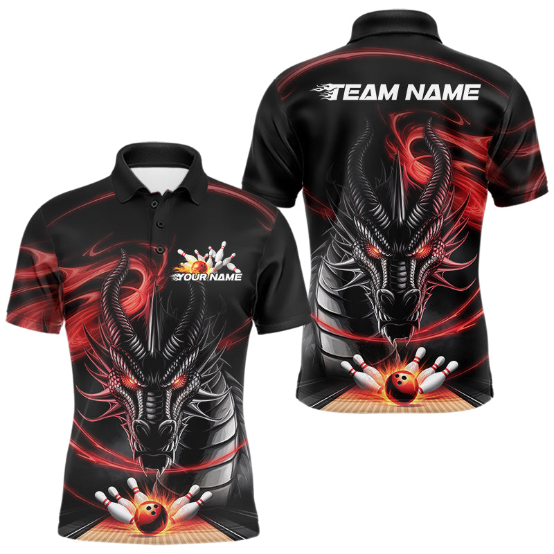 Custom Black And Red Flame Dragon Bowling Team Men Polo Shirts, Bowling League Shirt IPHW8911