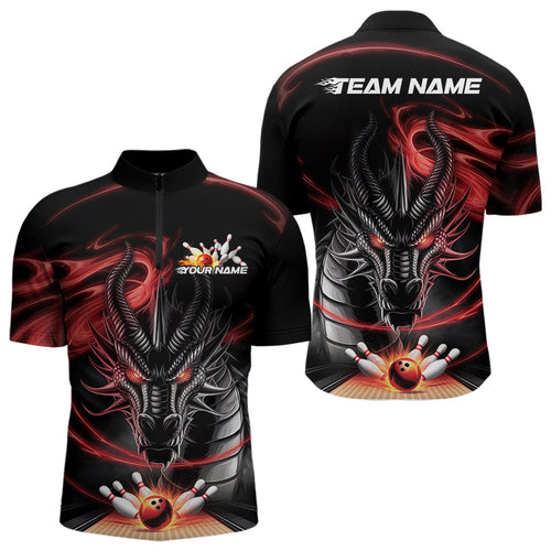 Custom Black And Red Flame Dragon Bowling Team Men Quarter-Zip Shirts, Bowling League Shirt IPHW8911