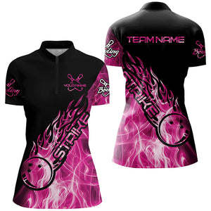 Custom Pink Flame Bowling Shirts For Women, Bowling Team Shirts Bowling Strike IPHW7156