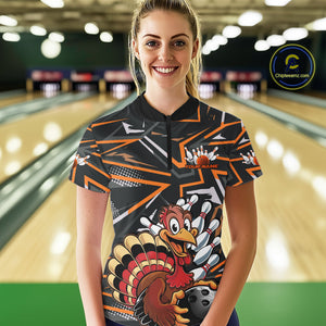 Custom Funny Turkey Bowling Jerseys, Orange Thanksgiving Bowling Women Quarter-Zip Shirt IPHW9723