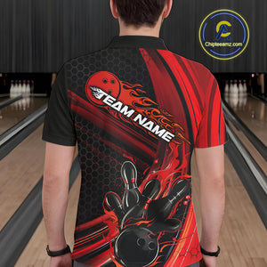Custom Black And Red Flame Bowling Jerseys, Bowling Team Polo Shirts For Men IPHW9884