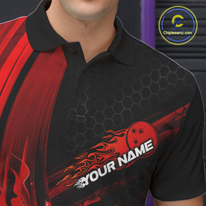 Custom Black And Red Flame Bowling Jerseys, Bowling Team Polo Shirts For Men IPHW9884