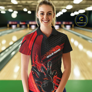 Custom Black And Red Flame Bowling Jerseys, Bowling Team Polo Shirts For Women IPHW9884
