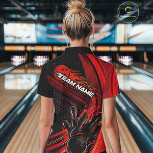Custom Black And Red Flame Bowling Jerseys, Bowling Team Polo Shirts For Women IPHW9884