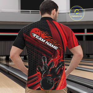 Custom Black And Red Flame Bowling Jerseys, Bowling Team Quarter-Zip Shirts For Men IPHW9884