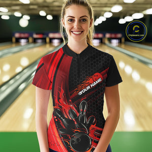 Custom Black And Red Flame Bowling Jerseys, Bowling Team Quarter-Zip Shirts For Women IPHW9884