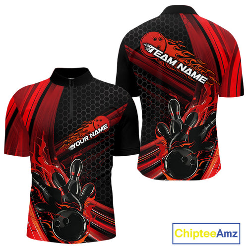 Custom Black And Red Flame Bowling Jerseys, Bowling Team Quarter-Zip Shirts For Men IPHW9884