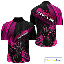Load image into Gallery viewer, Custom Black And Pink Flame Bowling Jerseys, Bowling Team Quarter-Zip Shirts For Men IPHW9886