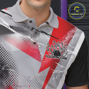 Custom Red And Gray Geometric Bowling Jerseys Bowling Team Polo Shirts For Men IPHW9508