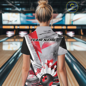 Custom Red And Gray Geometric Bowling Jerseys Bowling Team Polo Shirts For Women IPHW9508