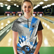 Load image into Gallery viewer, Custom Blue And Gray Geometric Bowling Jerseys Bowling Team Quarter-Zip Shirts For Women IPHW9509