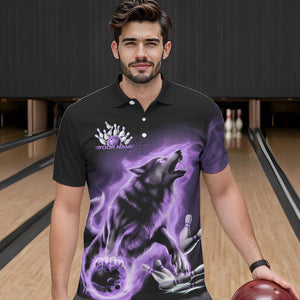 Custom Purple Fire Flaming Wolf Bowling Polo Shirts For Men, Wolf Bowling Tournament Shirt IPHW8428