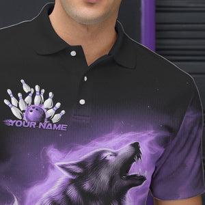 Custom Purple Fire Flaming Wolf Bowling Polo Shirts For Men, Wolf Bowling Tournament Shirt IPHW8428