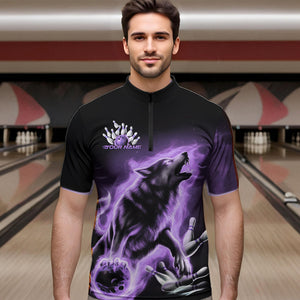 Custom Purple Fire Flaming Wolf Bowling Quarter-Zip Shirts For Men, Wolf Bowling Tournament Shirt IPHW8428