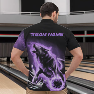 Custom Purple Fire Flaming Wolf Bowling Quarter-Zip Shirts For Men, Wolf Bowling Tournament Shirt IPHW8428