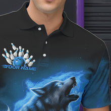 Load image into Gallery viewer, Custom Blue Fire Flaming Wolf Bowling Polo Shirts For Men, Wolf Bowling Tournament Shirt IPHW8429