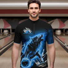 Load image into Gallery viewer, Custom Blue Fire Flaming Wolf Bowling Quarter-Zip Shirts For Men, Wolf Bowling Tournament Shirt IPHW8429