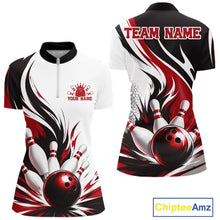 Load image into Gallery viewer, Front and back view of a women's bowling quarter zip mockup featuring a flaming bowling ball striking pins design on a white, black, and red shirt.