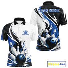 Load image into Gallery viewer, Front and back view of a men's bowling polo shirt mockup featuring a flaming bowling ball striking pins design on a white, black, and blue shirt.
