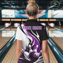 Load image into Gallery viewer, Back view of a female model wearing a white, black, and purple bowling quarter zip shirt featuring a flaming bowling ball striking pins in a bowling lane.