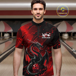Custom Red Lightning Dragon Bowling Quarter-Zip Shirt For Men, Dragon Bowling Team Jersey IPHW9901