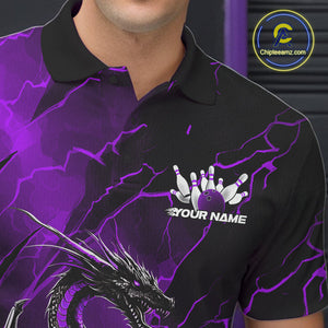 Custom Purple Lightning Dragon Bowling Polo Shirt For Men, Dragon Bowling Team Jersey IPHW9902