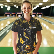 Load image into Gallery viewer, Custom Black And Gold Flame Dragon Bowling Team Polo Shirts For Women, Bowling League Shirt IPHW8653