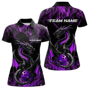 Custom Black And Purple Flame Dragon Bowling Team Womens Polo Shirts, Bowling League Shirt IPHW8654