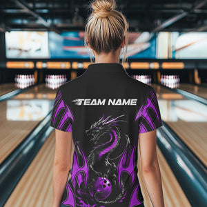 Custom Black And Purple Flame Dragon Bowling Tournament Womens Polo Shirts, Bowlers Outfits IPHW8657