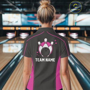 Custom Black And Pink Classic Bowling Team Polo Shirt For Women, Bowling League Shirt IPHW9915
