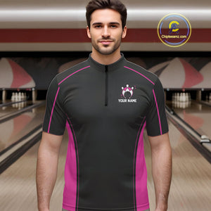 Custom Black And Pink Classic Bowling Team Quarter-Zip Shirt For Men, Bowling League Shirt IPHW9915