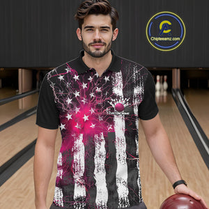 Pink Lightning US Flag Custom Bowling Team Jerseys, Patriotic Bowling Polo Shirt For Men IPHW9916