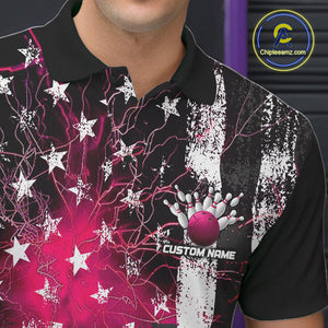 Pink Lightning US Flag Custom Bowling Team Jerseys, Patriotic Bowling Polo Shirt For Men IPHW9916