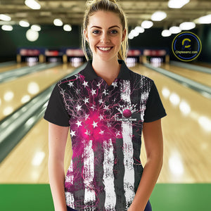 Pink Lightning US Flag Custom Bowling Team Jersey, Patriotic Bowling Polo Shirt For Women IPHW9916