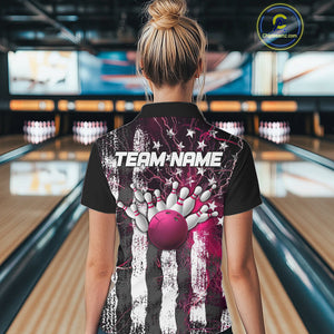 Pink Lightning US Flag Custom Bowling Team Jersey, Patriotic Bowling Polo Shirt For Women IPHW9916