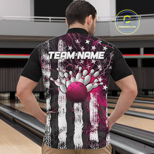 Pink Lightning US Flag Custom Bowling Team Jerseys, Patriotic Bowling Quarter-Zip Shirt For Men IPHW9916