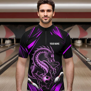 Custom Black And Purple Dragon Bowling Quarter-Zip Shirts For Men, Dragon Bowling League Shirt IPHW8673