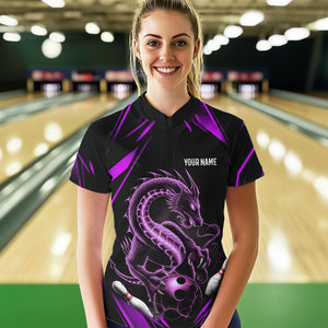 Custom Black And Purple Dragon Women Bowling Quarter-Zip Shirt, Dragon Bowling League Shirt IPHW8673