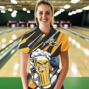 Custom Black Yellow Funny Beer Bowling Women Polo Shirt, Angry Beer Glass Bowling Jersey IPHW8933