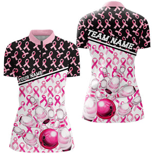 Black And Pink Breast Cancer Awareness Ribbons Custom Bowling Shirts For Women IPHW7007