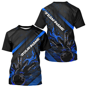 Custom Black And Blue Flame Bowling T-Shirts For Men, Bowling Team Bowling League Shirts IPHW7212